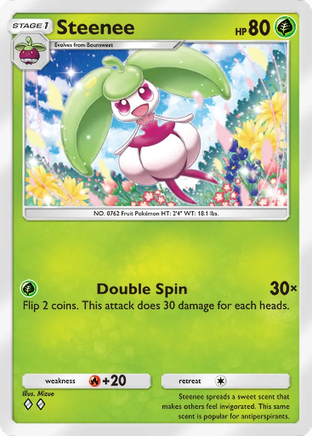 Steenee, Celestial Guardians #019, Stage 1 Grass Pokémon, illustrated by Mizue