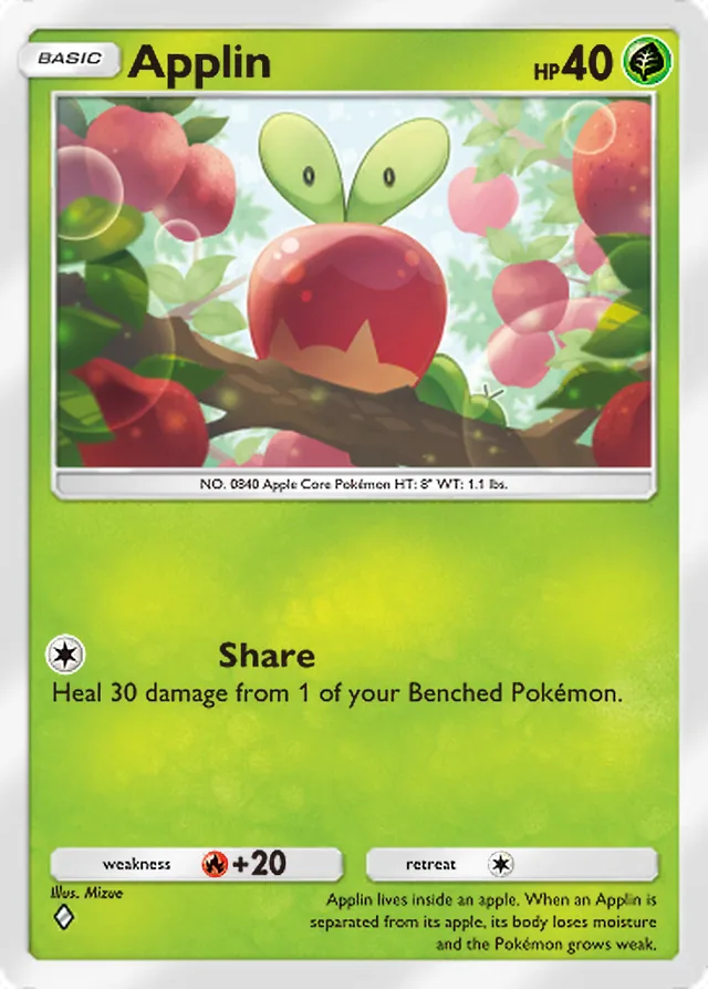 Applin, Pulsing Aura #019, Basic Grass Pokémon, illustrated by Mizue