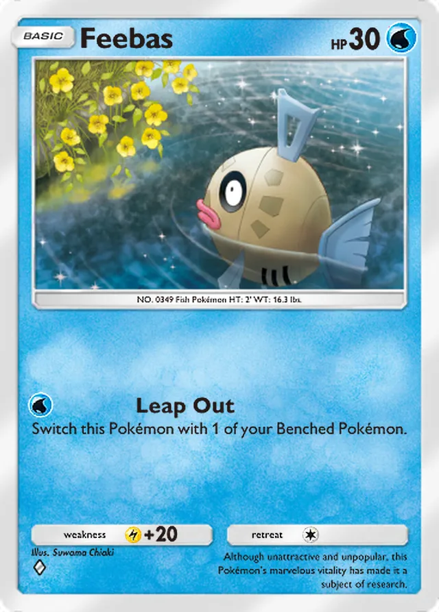 Feebas, Secluded Springs #021, Basic Water Pokémon, illustrated by Suwama Chiaki