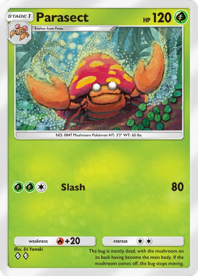 Parasect, Genetic Apex #015, Stage 1 Grass Pokémon, illustrated by Eri Yamaki