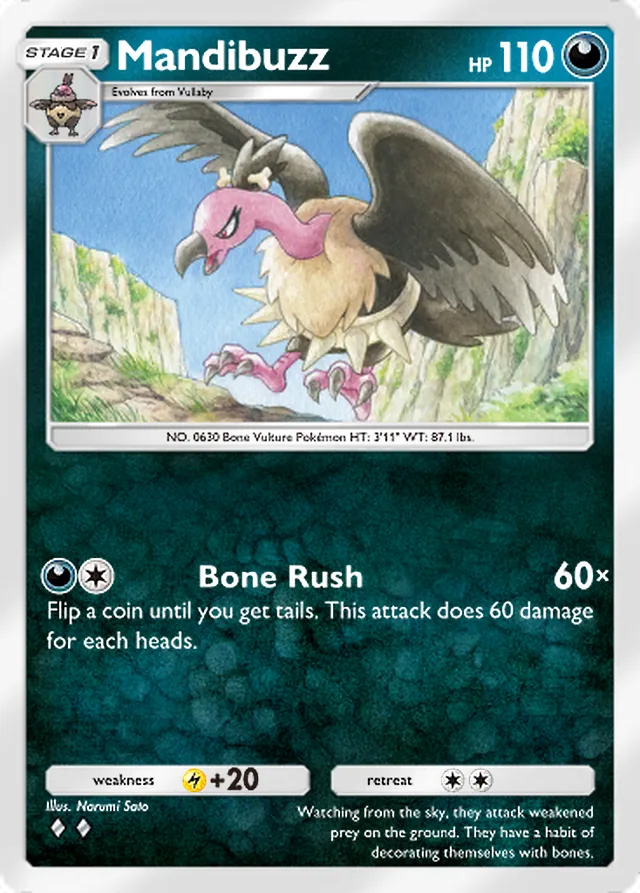 Mandibuzz, Ruler of the Skies #102, Stage 1 Darkness Pokémon, illustrated by Narumi Sato