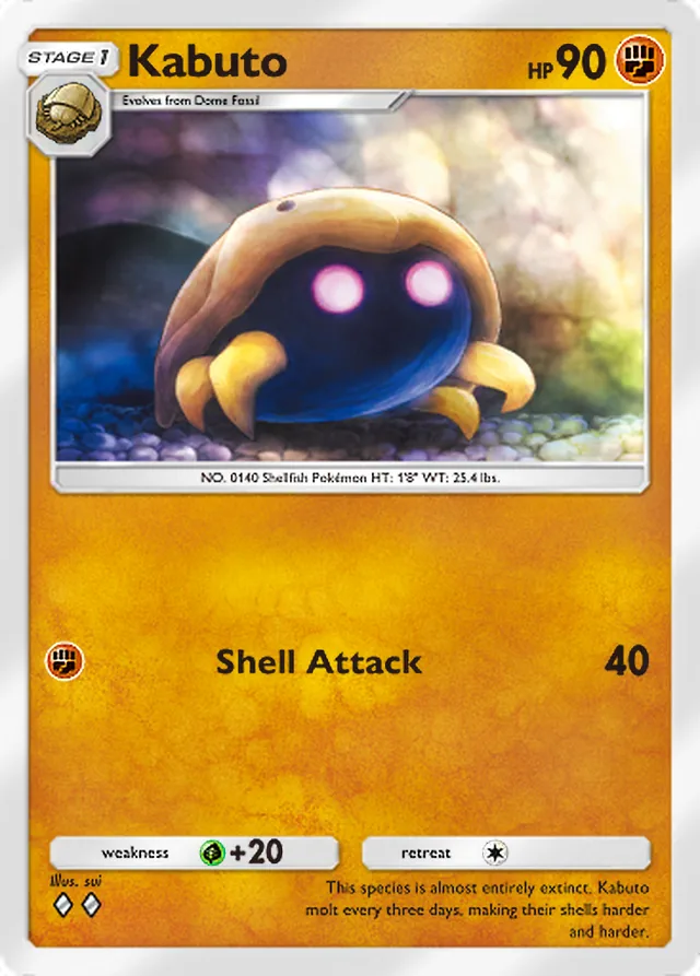 Kabuto, Genetic Apex #158, Stage 1 Fighting Pokémon, illustrated by sui