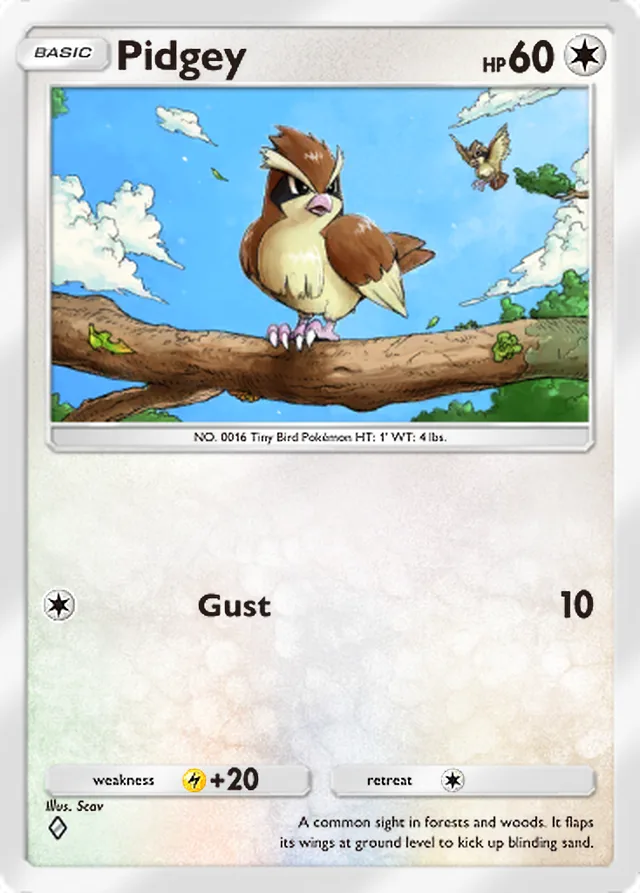 Pidgey, Genetic Apex #186, Basic Colorless Pokémon, illustrated by Scav