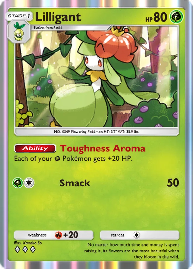 Lilligant, Mega Rising #018, Stage 1 Grass Pokémon, illustrated by Kanako Eo