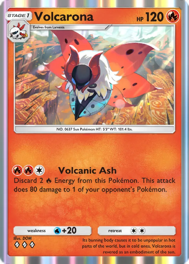 Volcarona, Mythical Island #014, Stage 1 Fire Pokémon, illustrated by DOM