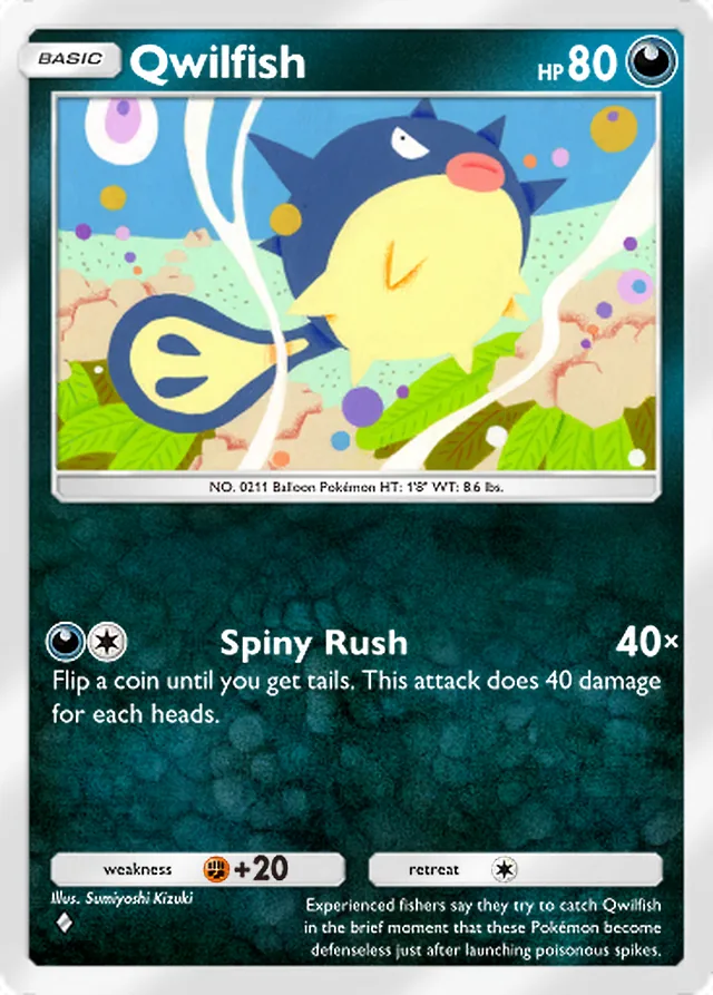 Qwilfish, Pulsing Aura #103, Basic Darkness Pokémon, illustrated by Sumiyoshi Kizuki