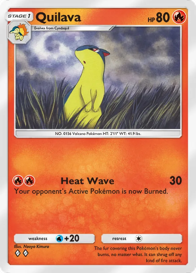 Quilava, Ruler of the Skies #025, Stage 1 Fire Pokémon, illustrated by Naoyo Kimura