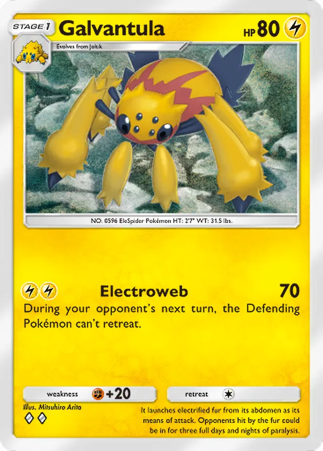 Galvantula, Mythical Island #029, Stage 1 Lightning Pokémon, illustrated by Mitsuhiro Arita