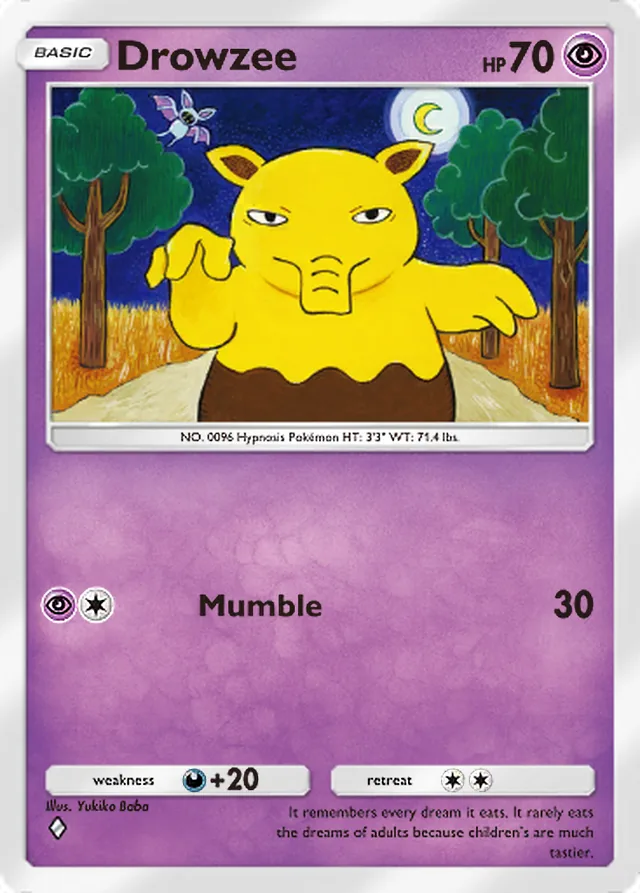 Drowzee, Genetic Apex #124, Basic Psychic Pokémon, illustrated by Yukiko Baba