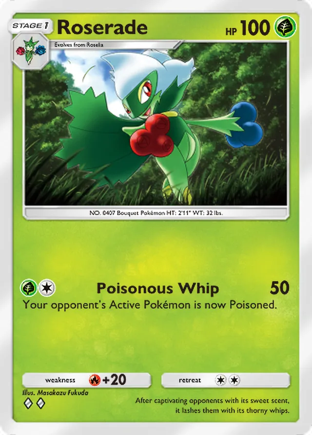 Roserade, Space-Time Smackdown #009, Stage 1 Grass Pokémon, illustrated by Masakazu Fukuda