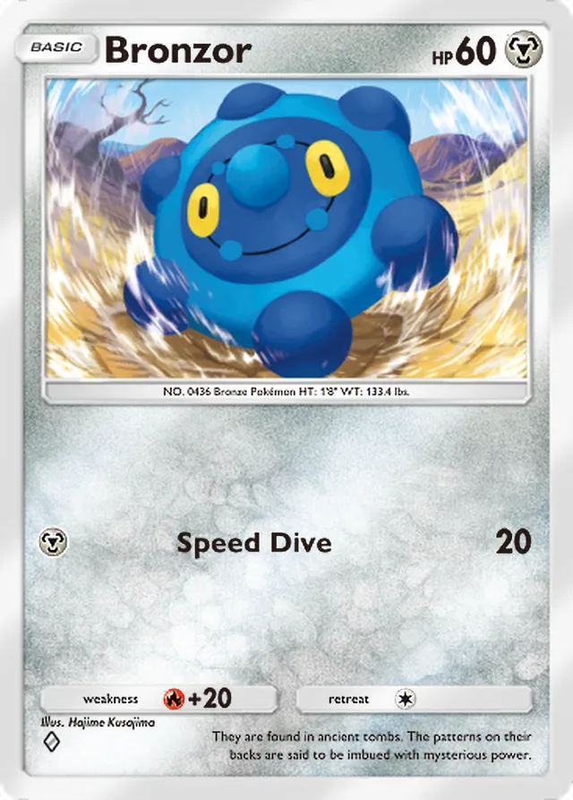 Bronzor, Pulsing Aura #117, Basic Metal Pokémon, illustrated by Hajime Kusajima