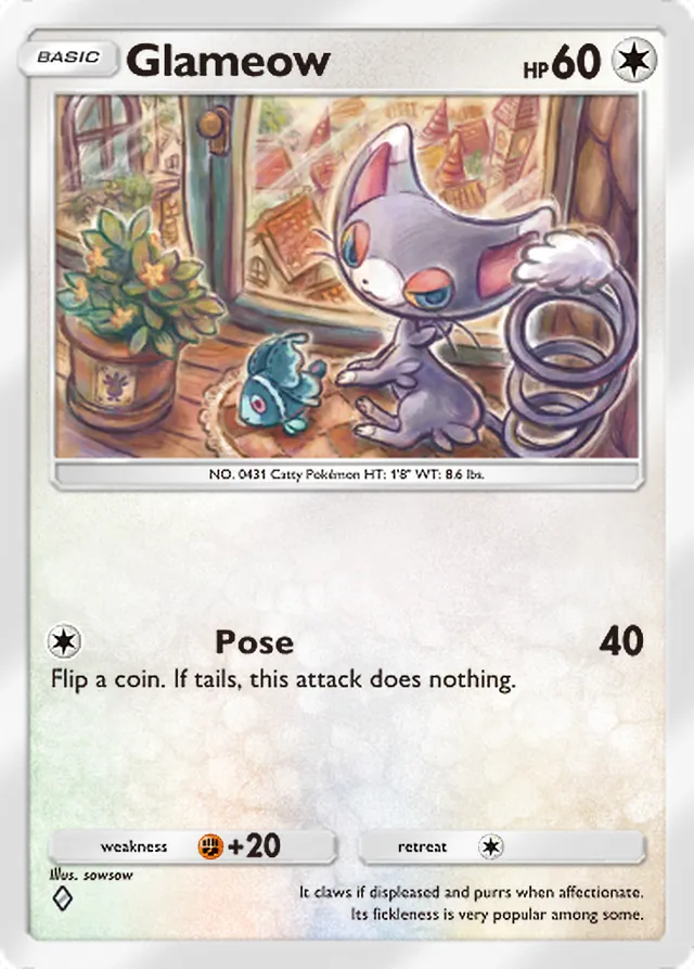 Glameow, Space-Time Smackdown #139, Basic Colorless Pokémon, illustrated by sowsow