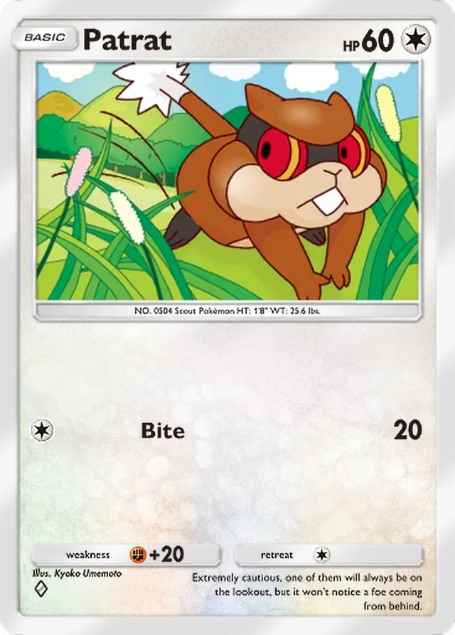 Patrat, Mega Rising #199, Basic Colorless Pokémon, illustrated by Kyoko Umemoto