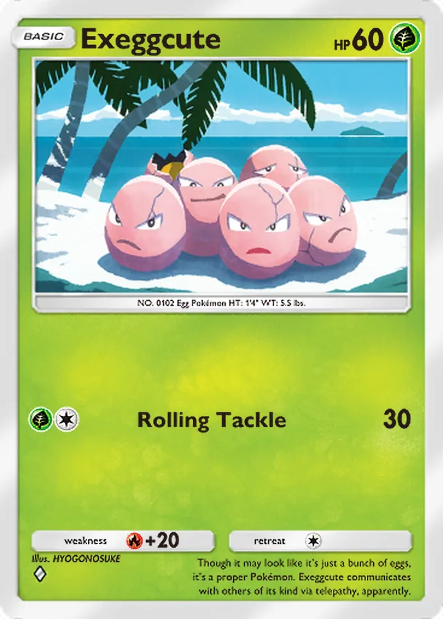 Exeggcute, Celestial Guardians #001, Basic Grass Pokémon, illustrated by HYOGONOSUKE