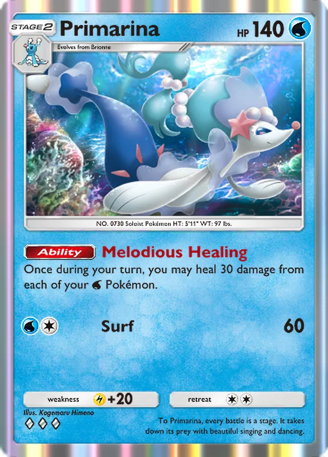 Primarina, Celestial Guardians #048, Stage 2 Water Pokémon, illustrated by Kagemaru Himeno