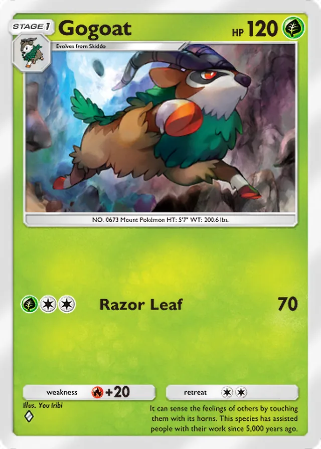 Gogoat, Genetic Apex #032, Stage 1 Grass Pokémon, illustrated by You Iribi