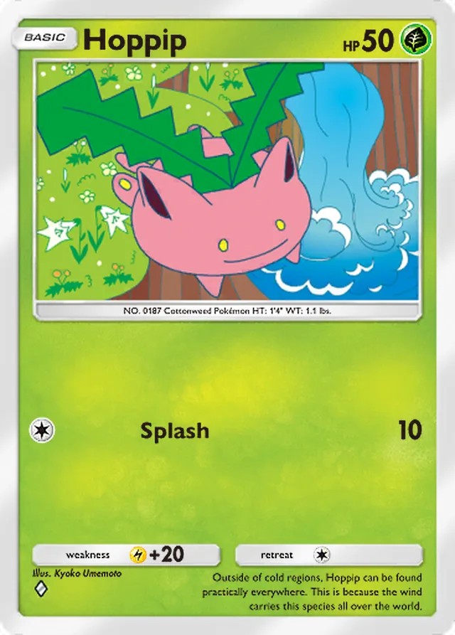 Hoppip, Secluded Springs #001, Basic Grass Pokémon, illustrated by Kyoko Umemoto