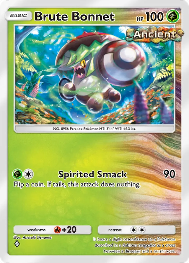 Brute Bonnet, Paradox Drive #003, Basic Grass Pokémon, illustrated by Anesaki Dynamic