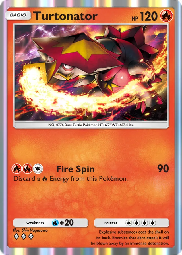 Turtonator, Celestial Guardians #037, Basic Fire Pokémon, illustrated by Shin Nagasawa