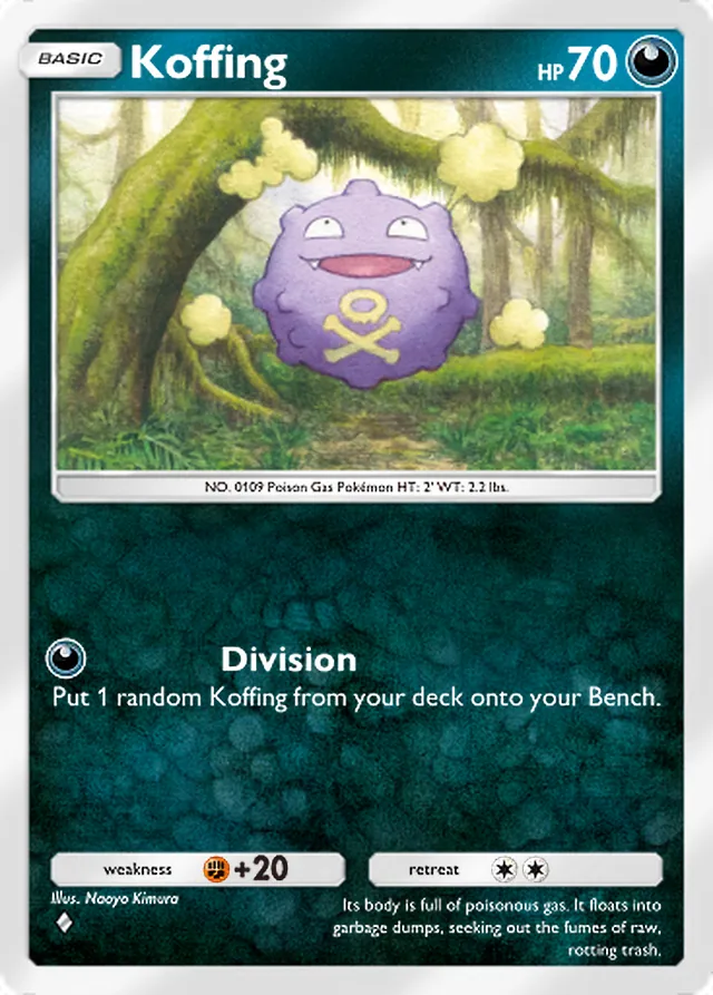Koffing, Mythical Island #049, Basic Darkness Pokémon, illustrated by Naoyo Kimura