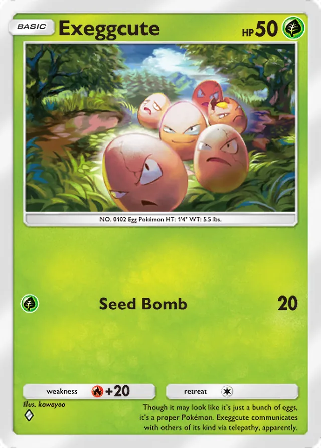 Exeggcute, Genetic Apex #021, Basic Grass Pokémon, illustrated by kawayoo