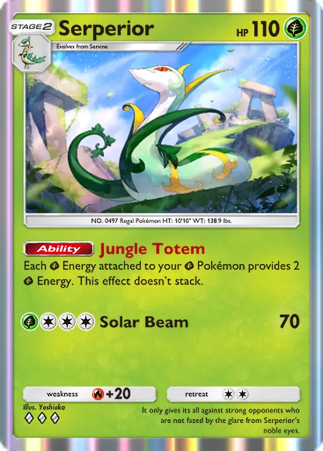 Serperior, Mythical Island #006, Stage 2 Grass Pokémon, illustrated by Yoshioka