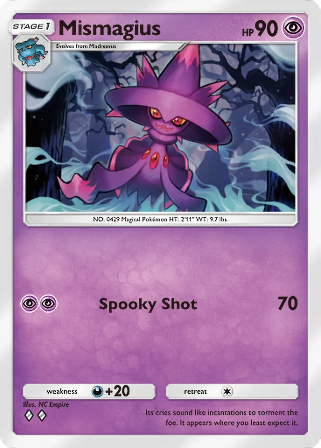 Mismagius, Mega Rising #100, Stage 1 Psychic Pokémon, illustrated by NC Empire
