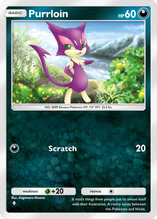 Purrloin, Mythical Island #051, Basic Darkness Pokémon, illustrated by Kagemaru Himeno