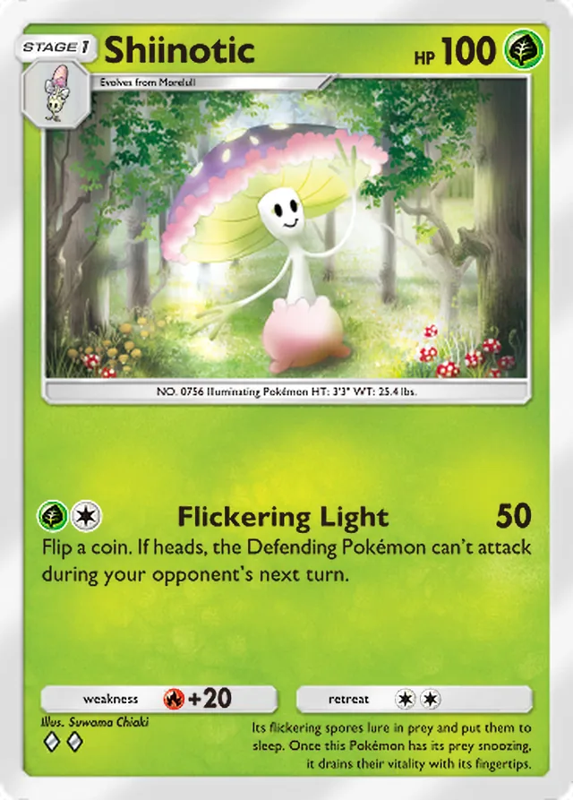 Shiinotic, Celestial Guardians #017, Stage 1 Grass Pokémon, illustrated by Suwama Chiaki