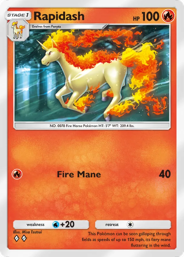 Rapidash, Genetic Apex #043, Stage 1 Fire Pokémon, illustrated by Misa Tsutsui