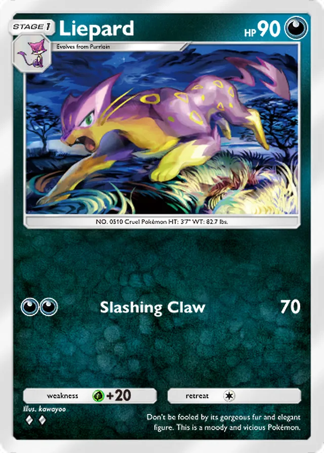 Liepard, Eevee Grove #046, Stage 1 Darkness Pokémon, illustrated by kawayoo