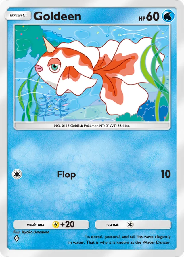 Goldeen, Genetic Apex #072, Basic Water Pokémon, illustrated by Kyoko Umemoto