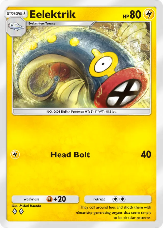Eelektrik, Genetic Apex #108, Stage 1 Lightning Pokémon, illustrated by Midori Harada