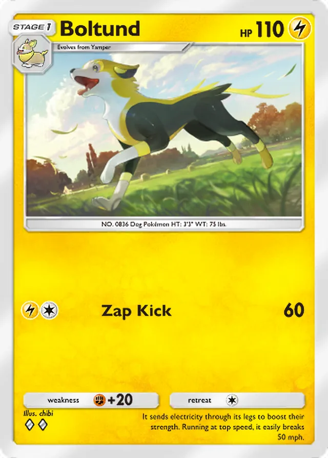 Boltund, Mega Rising #096, Stage 1 Lightning Pokémon, illustrated by chibi