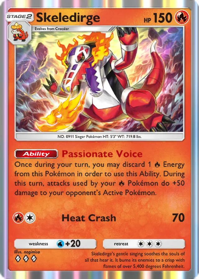 Skeledirge, Paldean Wonders #018, Stage 2 Fire Pokémon, illustrated by nagimiso