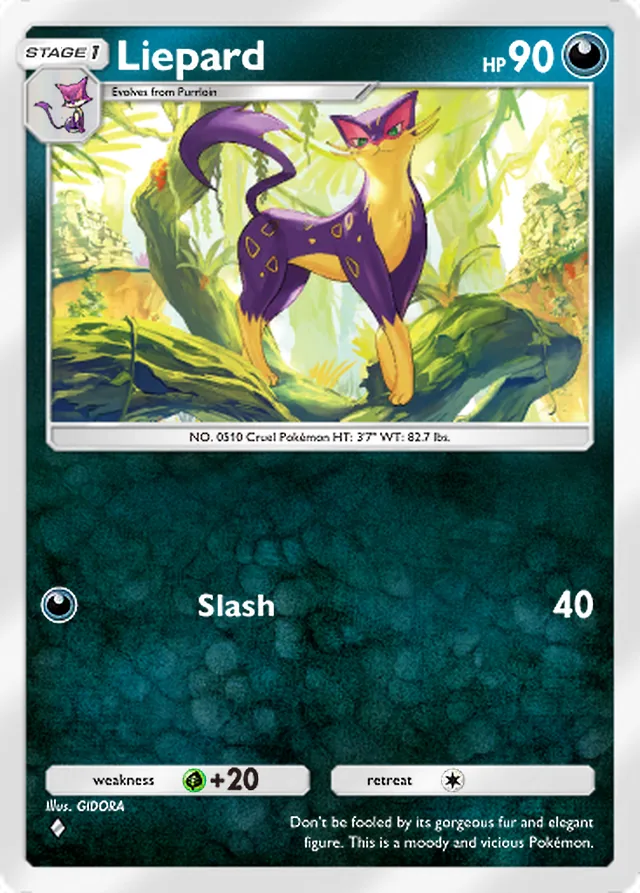 Liepard, Mythical Island #052, Stage 1 Darkness Pokémon, illustrated by GIDORA