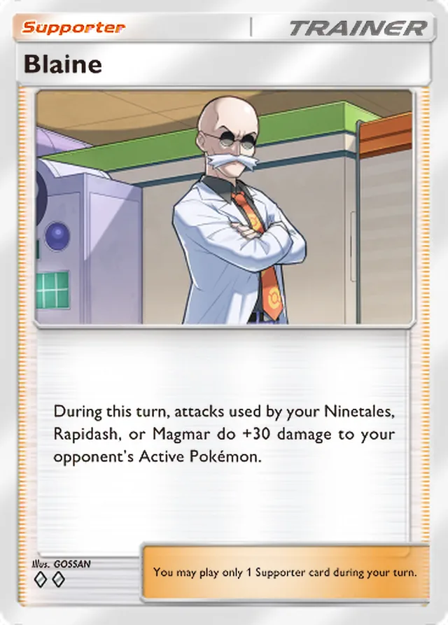 Blaine, Genetic Apex #221, Trainer card, illustrated by GOSSAN