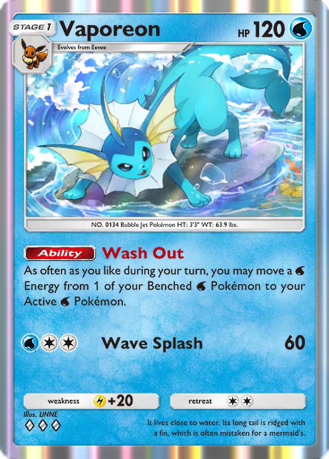 Vaporeon, Mythical Island #019, Stage 1 Water Pokémon, illustrated by LINNE
