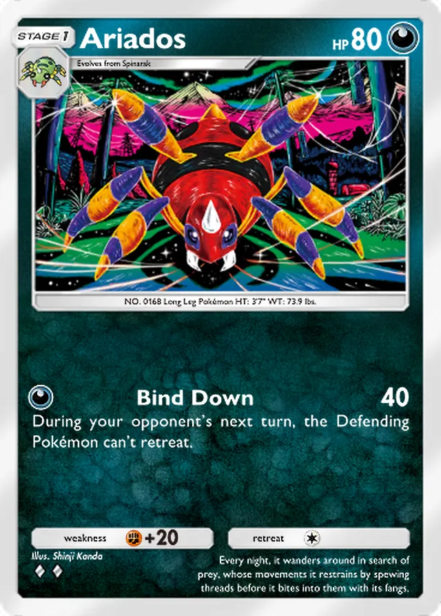Ariados, Wisdom of Sea and Sky #111, Stage 1 Darkness Pokémon, illustrated by Shinji Kanda