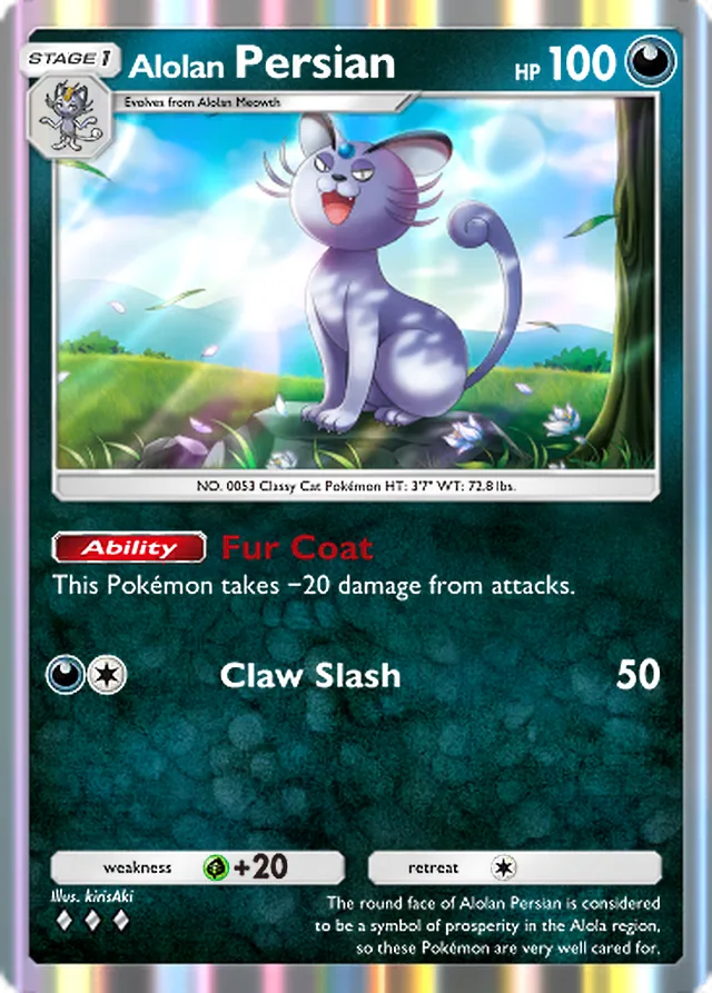 Alolan Persian, Celestial Guardians #109, Stage 1 Darkness Pokémon, illustrated by kirisAki