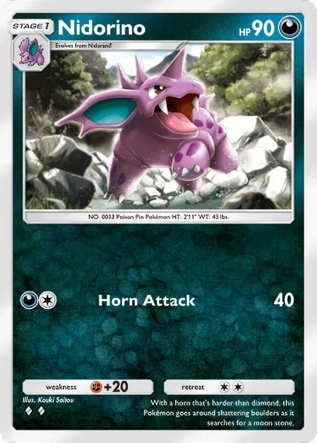 Nidorino, Genetic Apex #170, Stage 1 Darkness Pokémon, illustrated by Kouki Saitou