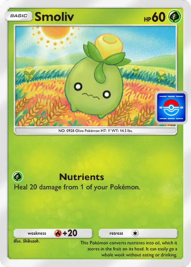 Smoliv, Promo-B #034, Basic Grass Pokémon, illustrated by Shibuzoh.