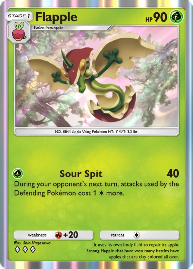 Flapple, Pulsing Aura #020, Stage 1 Grass Pokémon, illustrated by Shin Nagasawa