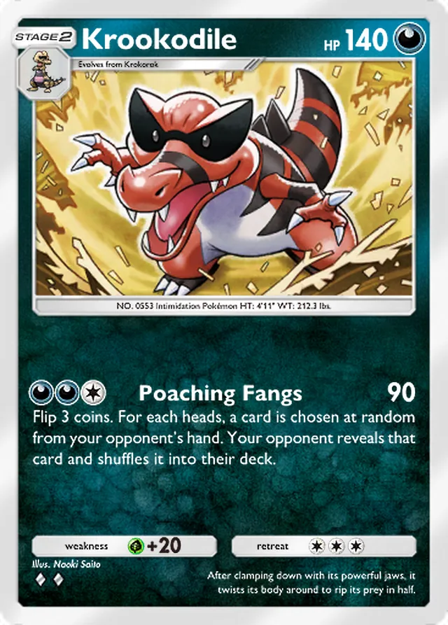 Krookodile, Extradimensional Crisis #041, Stage 2 Darkness Pokémon, illustrated by Naoki Saito