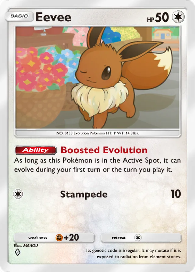 Eevee, Mega Rising #184, Basic Colorless Pokémon, illustrated by MAHOU
