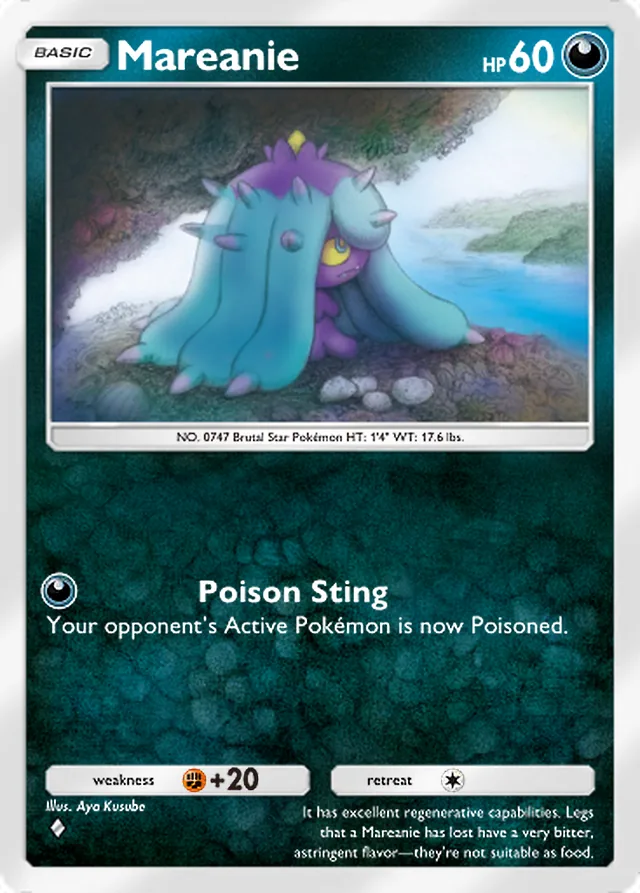 Mareanie, Mega Rising #161, Basic Darkness Pokémon, illustrated by Aya Kusube