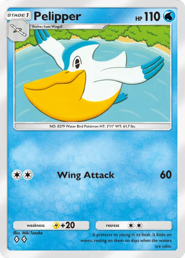 Pelipper, Team Rocket’s Ambition #016, Stage 1 Water Pokémon, illustrated by Miki Tanaka