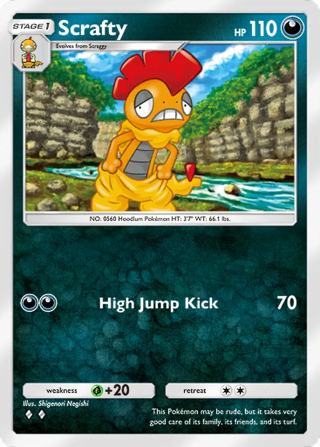 Scrafty, Everyday Wonders #045, Stage 1 Darkness Pokémon, illustrated by Shigenori Negishi