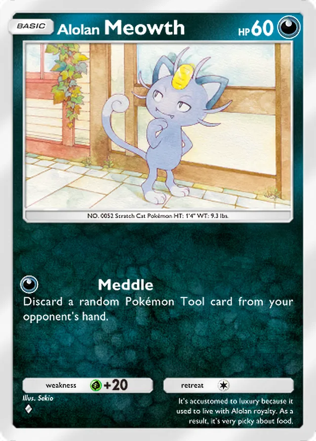 Alolan Meowth, Extradimensional Crisis #037, Basic Darkness Pokémon, illustrated by Sekio
