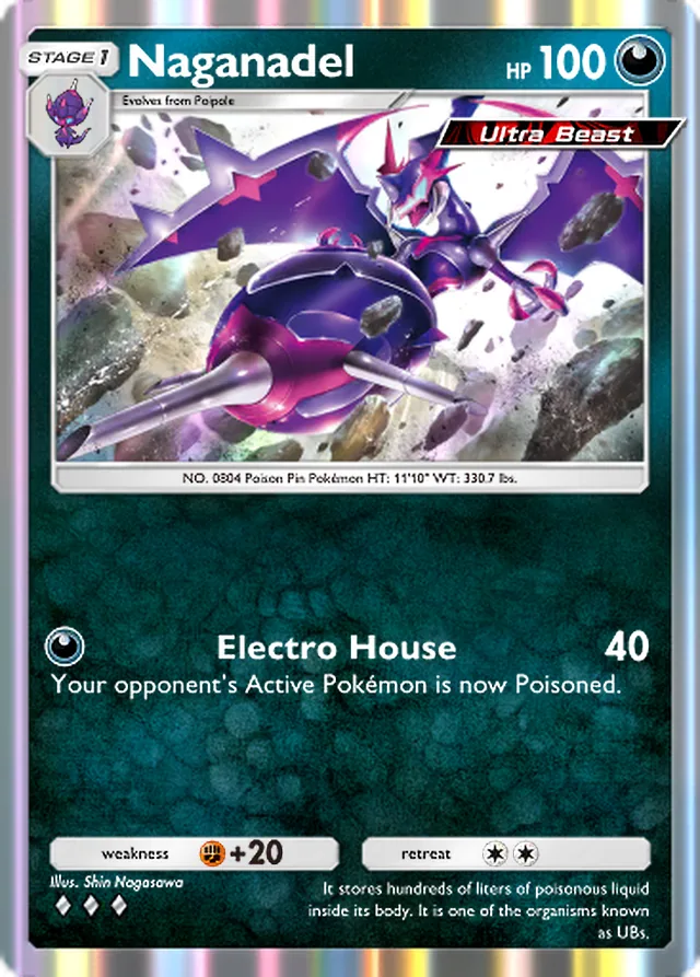Naganadel, Extradimensional Crisis #045, Stage 1 Darkness Pokémon, illustrated by Shin Nagasawa